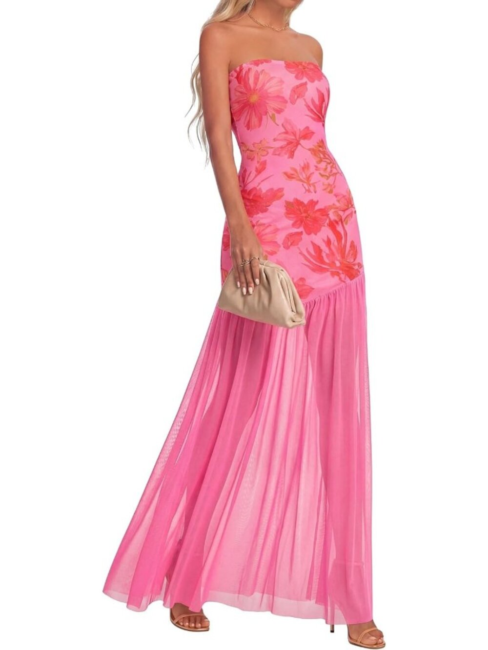Floral Strapless Maxi Dress for Women | Elegant Mesh Tulle Hem, Summer Wedding
